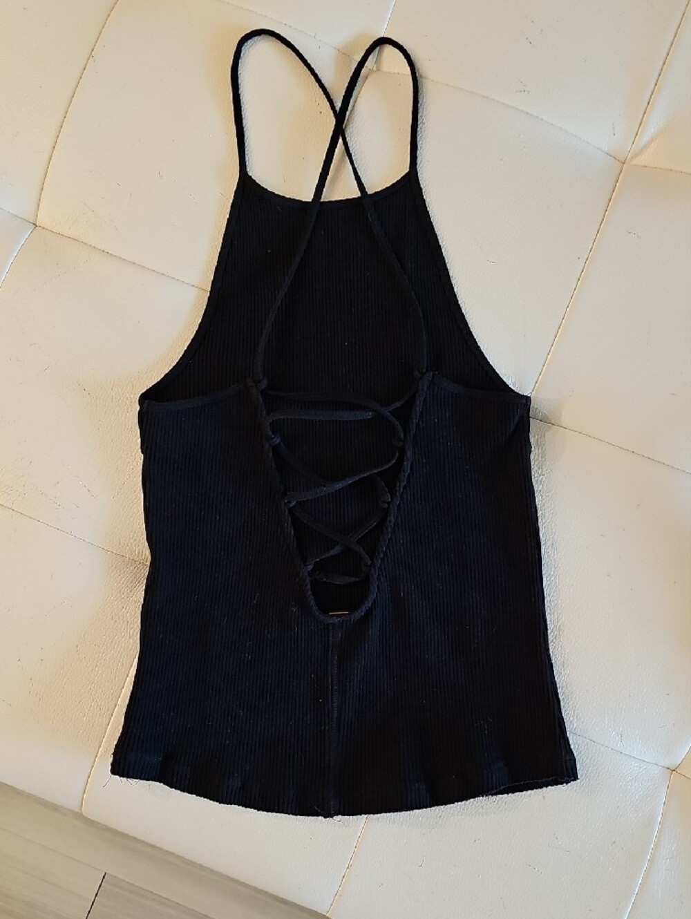 Free People Black Lace-up Ribbed Halter Tank